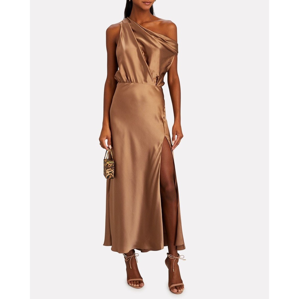 THE SEI Off The Shoulder Silk Maxi Dress Women 2 Brown Bronze Silk Slit Cocktail